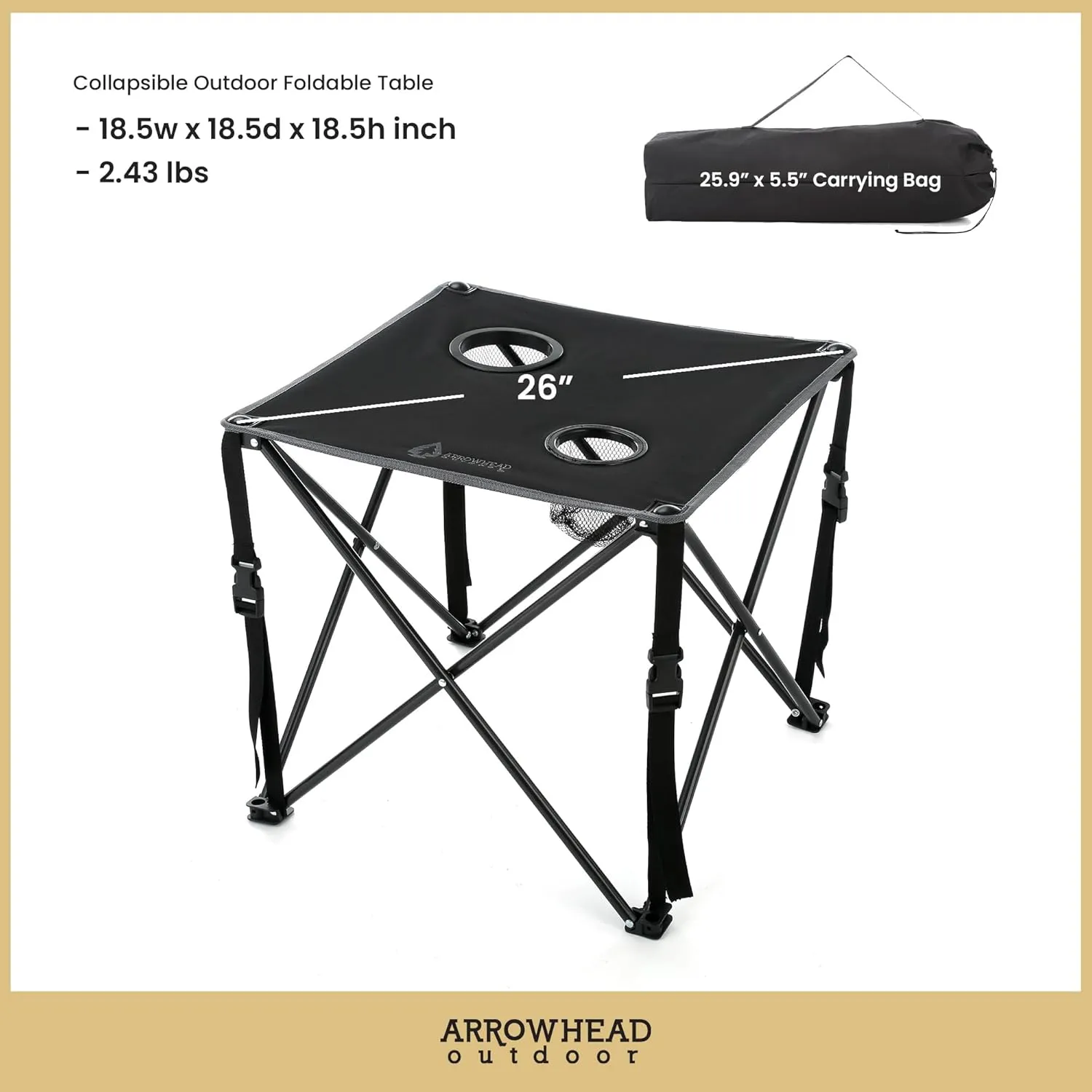 ARROWHEAD OUTDOOR 26” (66cm) Heavy-Duty Portable Camping Folding Table, 2 Cup Holders, Compact, Square, Carrying Case Included, Steel Frame, High-Grade 600D Canvas, USA-Based Support