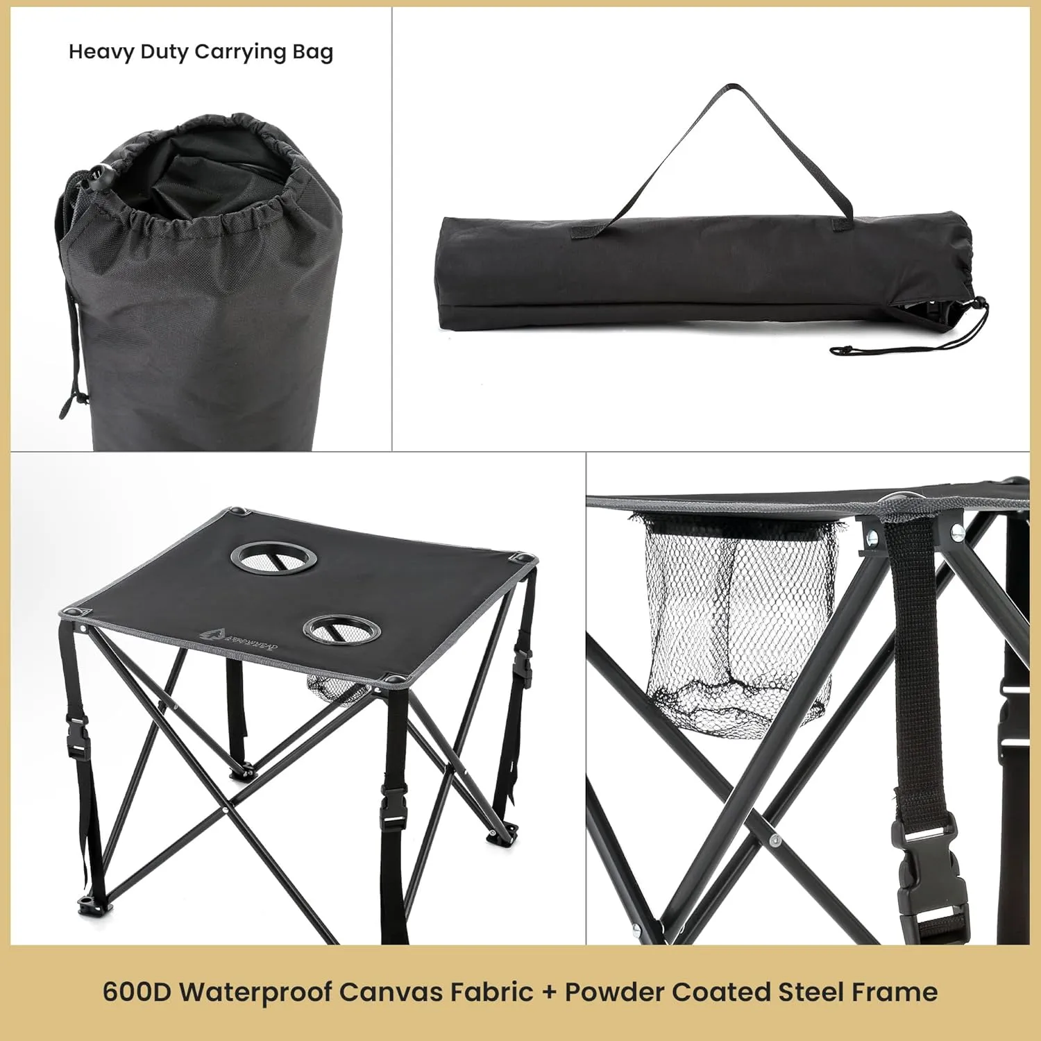 ARROWHEAD OUTDOOR 26” (66cm) Heavy-Duty Portable Camping Folding Table, 2 Cup Holders, Compact, Square, Carrying Case Included, Steel Frame, High-Grade 600D Canvas, USA-Based Support