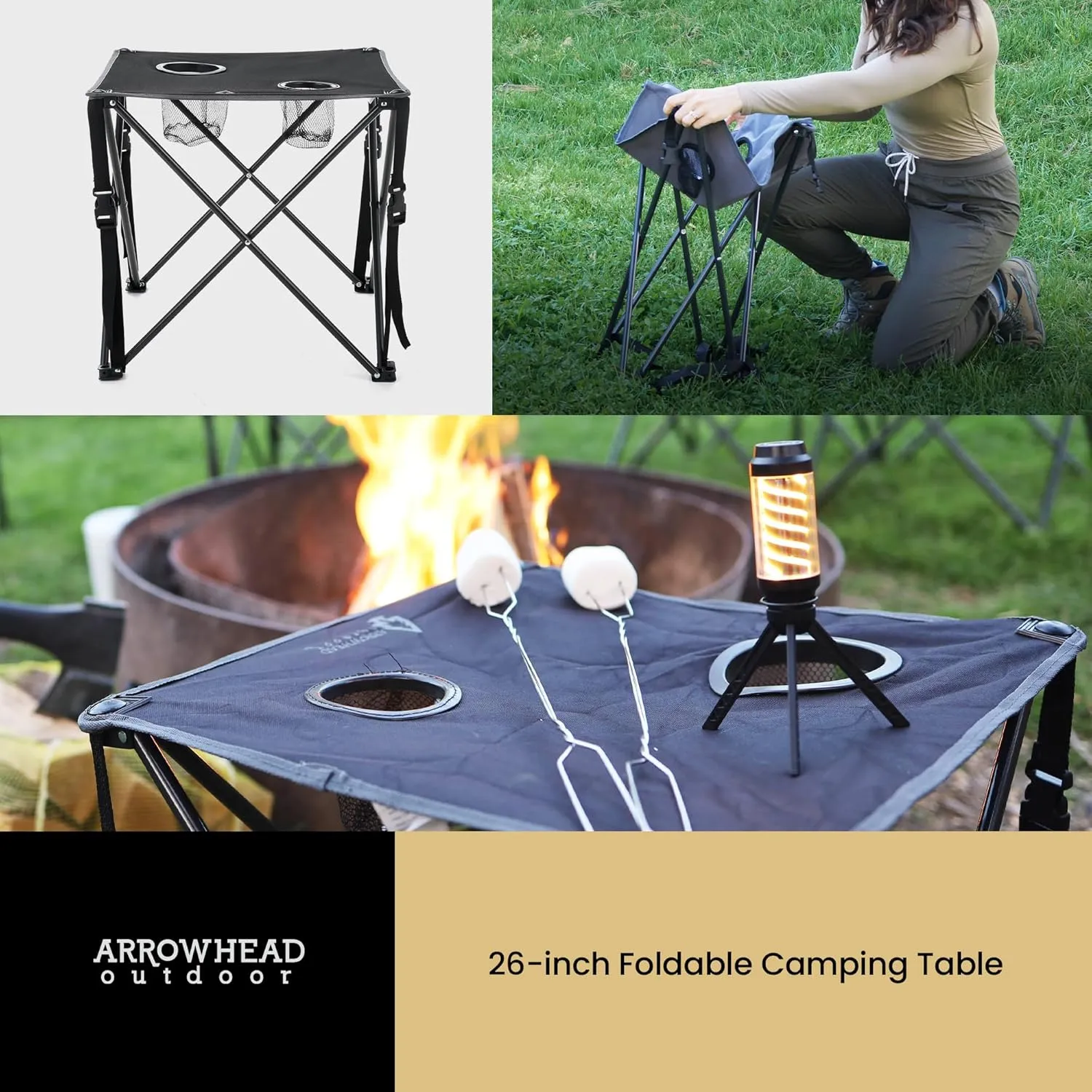 ARROWHEAD OUTDOOR 26” (66cm) Heavy-Duty Portable Camping Folding Table, 2 Cup Holders, Compact, Square, Carrying Case Included, Steel Frame, High-Grade 600D Canvas, USA-Based Support