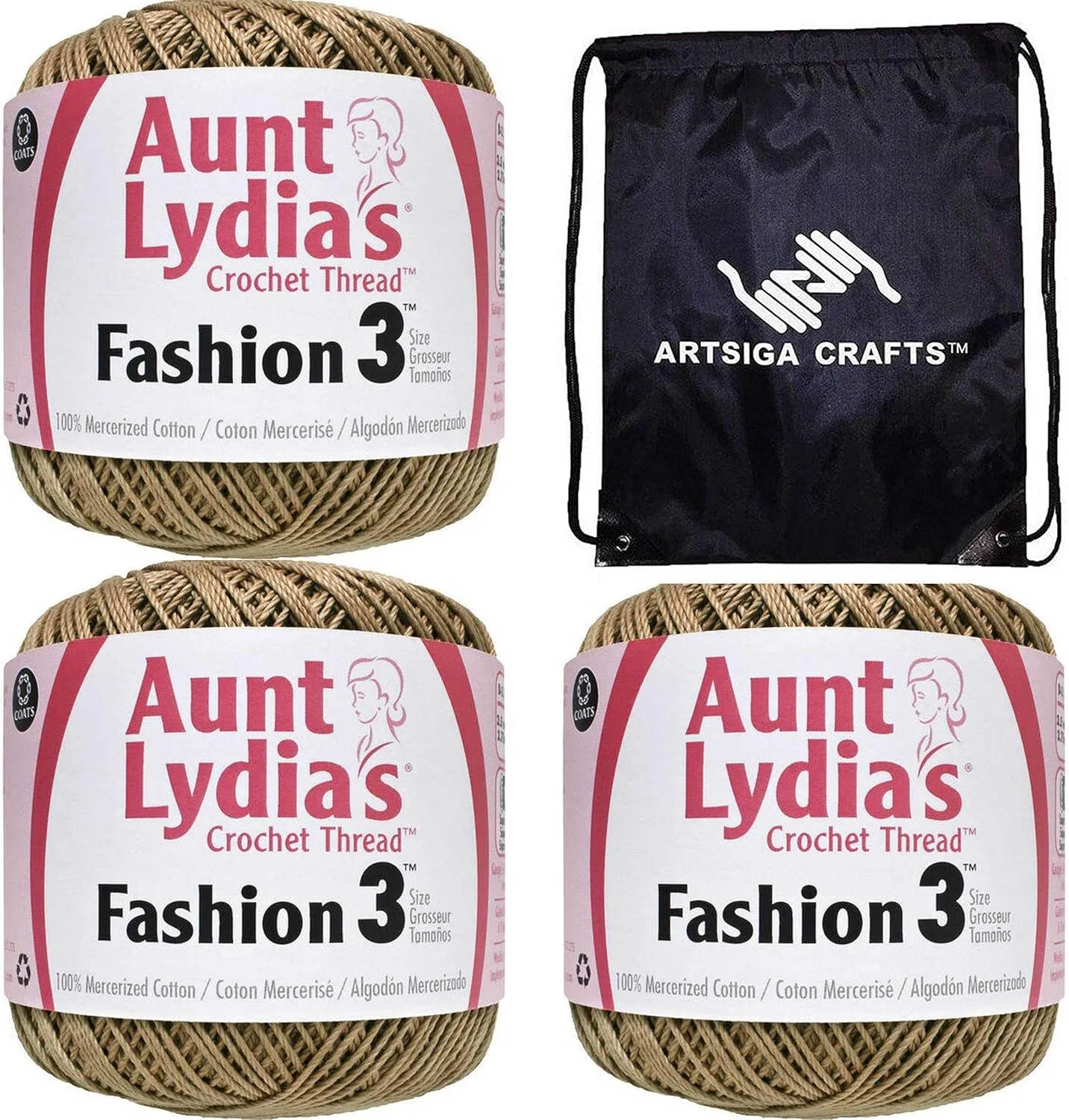 Aunt Lydia's Crochet Thread Fashion Size 3 Copper Mist 182-0310 (3-Skeins) Same Dye Lot Fashion Size 3 Soft 100% Mercerized Cotton with Project Bag
