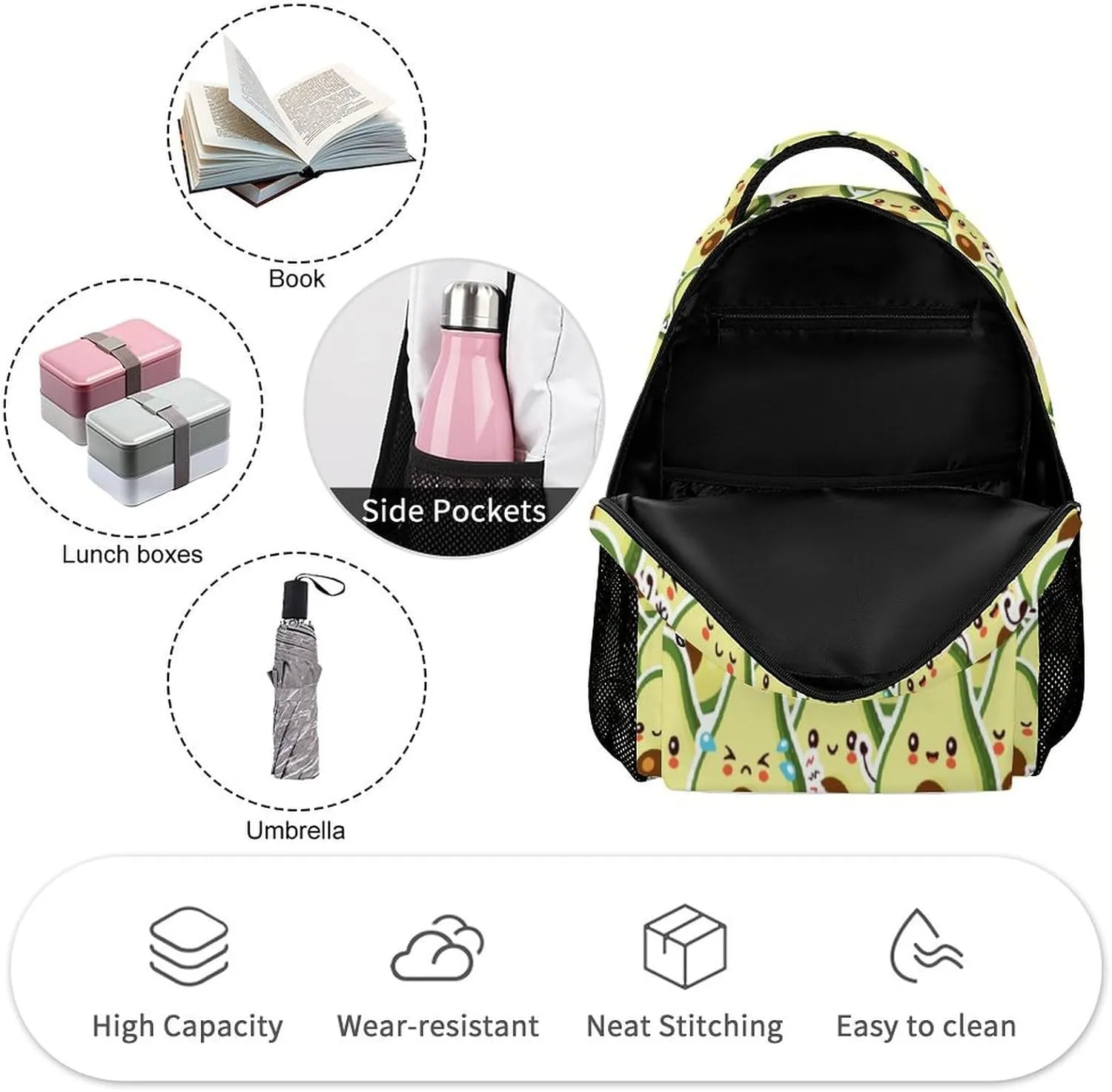 Avocado School Backpack for Kids Girls Boys, 16 Inch Cute Avocado Themed Bookbag, Personalized School Backpack for Students Children, Lightweight, Large Capacity
