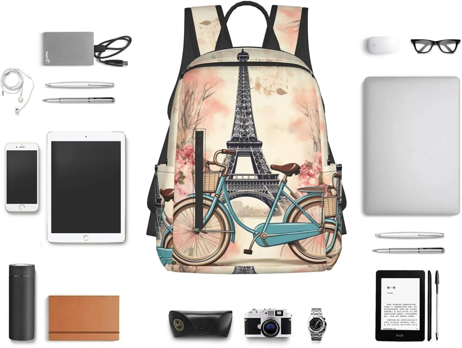 Backpack for Women Men Casual Travel Daypacks Evening in Vancouver Rucksuck for Work Cute Laptop Backpack, Bike and Flower, One Size