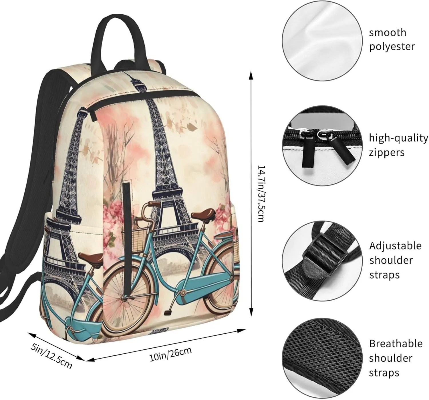 Backpack for Women Men Casual Travel Daypacks Evening in Vancouver Rucksuck for Work Cute Laptop Backpack, Bike and Flower, One Size