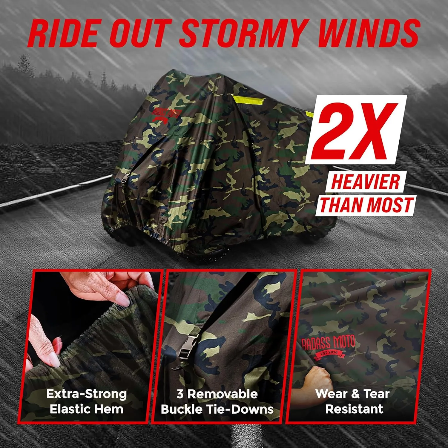 Badass Moto Camo ATV Covers Waterproof Outdoor Heavy Duty, Rip-Resistant, Night-Reflective Quad Cover w/Advanced Waterproofing, Easy-Access Zipper and Vents Four Wheeler Accessories - Camo Large 95"