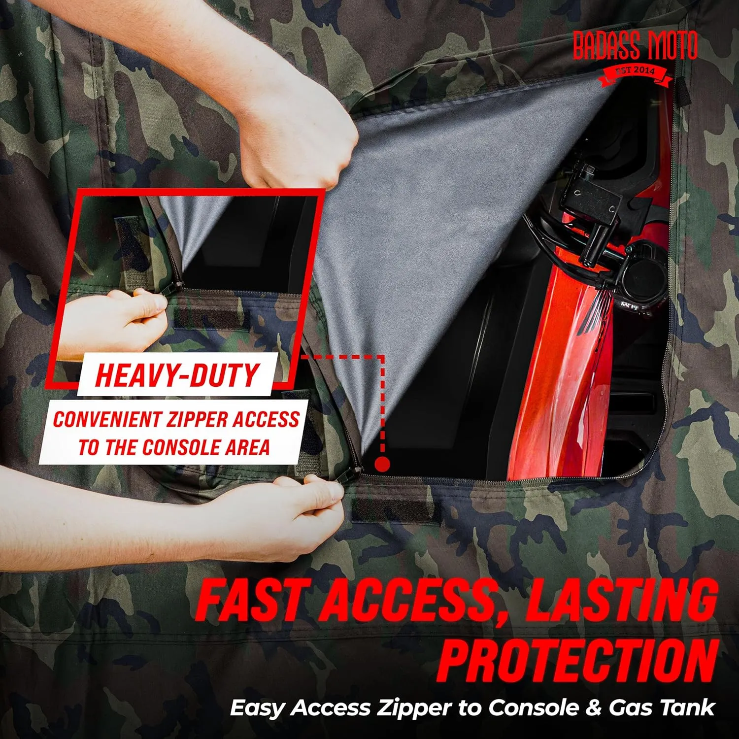 Badass Moto Camo ATV Covers Waterproof Outdoor Heavy Duty, Rip-Resistant, Night-Reflective Quad Cover w/Advanced Waterproofing, Easy-Access Zipper and Vents Four Wheeler Accessories - Camo Large 95"