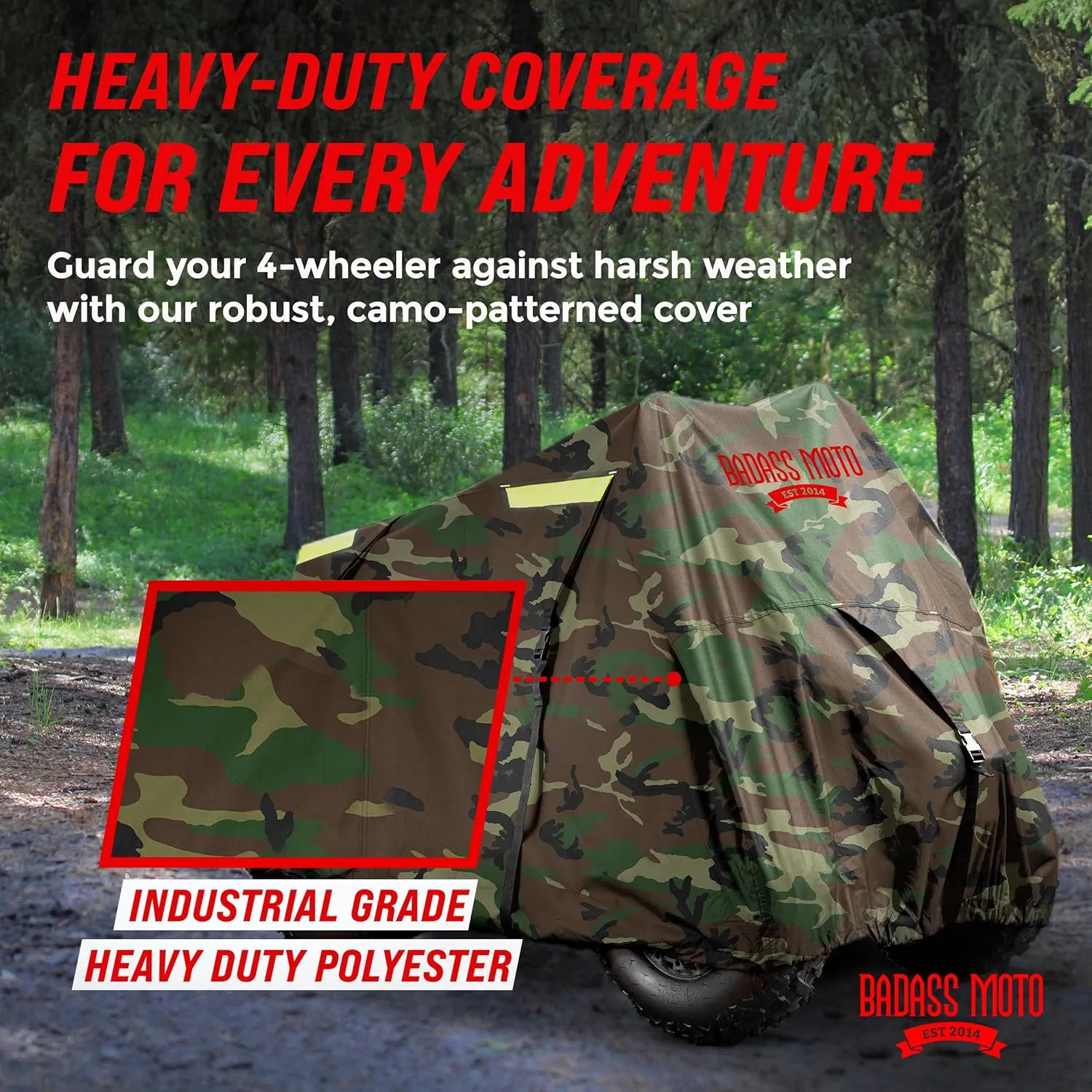 Badass Moto Camo ATV Covers Waterproof Outdoor Heavy Duty, Rip-Resistant, Night-Reflective Quad Cover w/Advanced Waterproofing, Easy-Access Zipper and Vents Four Wheeler Accessories - Camo Large 95"