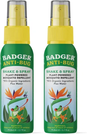 Badger Bug Spray Travel Size, Family Friendly All Natural Mosquito Repellent w/Organic Essential Oils, Smells Great, 3 Hours Effective, Deet-Free, Vegan, Travel Insect Repellent, 2.7 fl oz, 2-Pack