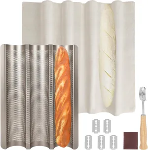 Baguette Bread Pan, Perforated Baguette Pan, Nonstick 3 Loaves, Bread Pan for French Bread Baking, with Proofing Cloth, Dough Cutter Kit for Home Baker, Baguette Tray, 15x11 Inch Gold