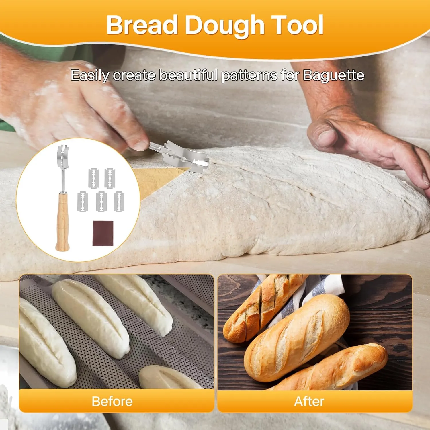 Baguette Bread Pan, Perforated Baguette Pan, Nonstick 3 Loaves, Bread Pan for French Bread Baking, with Proofing Cloth, Dough Cutter Kit for Home Baker, Baguette Tray, 15x11 Inch Gold