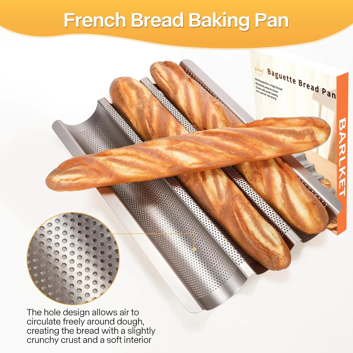 Baguette Bread Pan, Perforated Baguette Pan, Nonstick 3 Loaves, Bread Pan for French Bread Baking, with Proofing Cloth, Dough Cutter Kit for Home Baker, Baguette Tray, 15x11 Inch Gold
