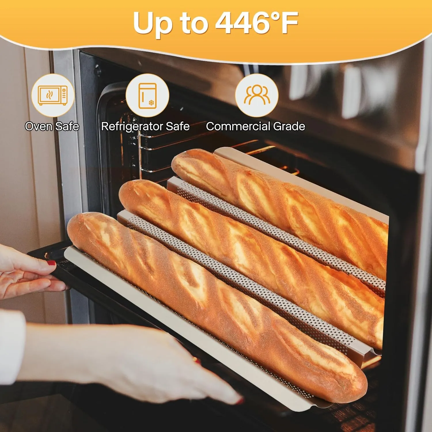 Baguette Bread Pan, Perforated Baguette Pan, Nonstick 3 Loaves, Bread Pan for French Bread Baking, with Proofing Cloth, Dough Cutter Kit for Home Baker, Baguette Tray, 15x11 Inch Gold