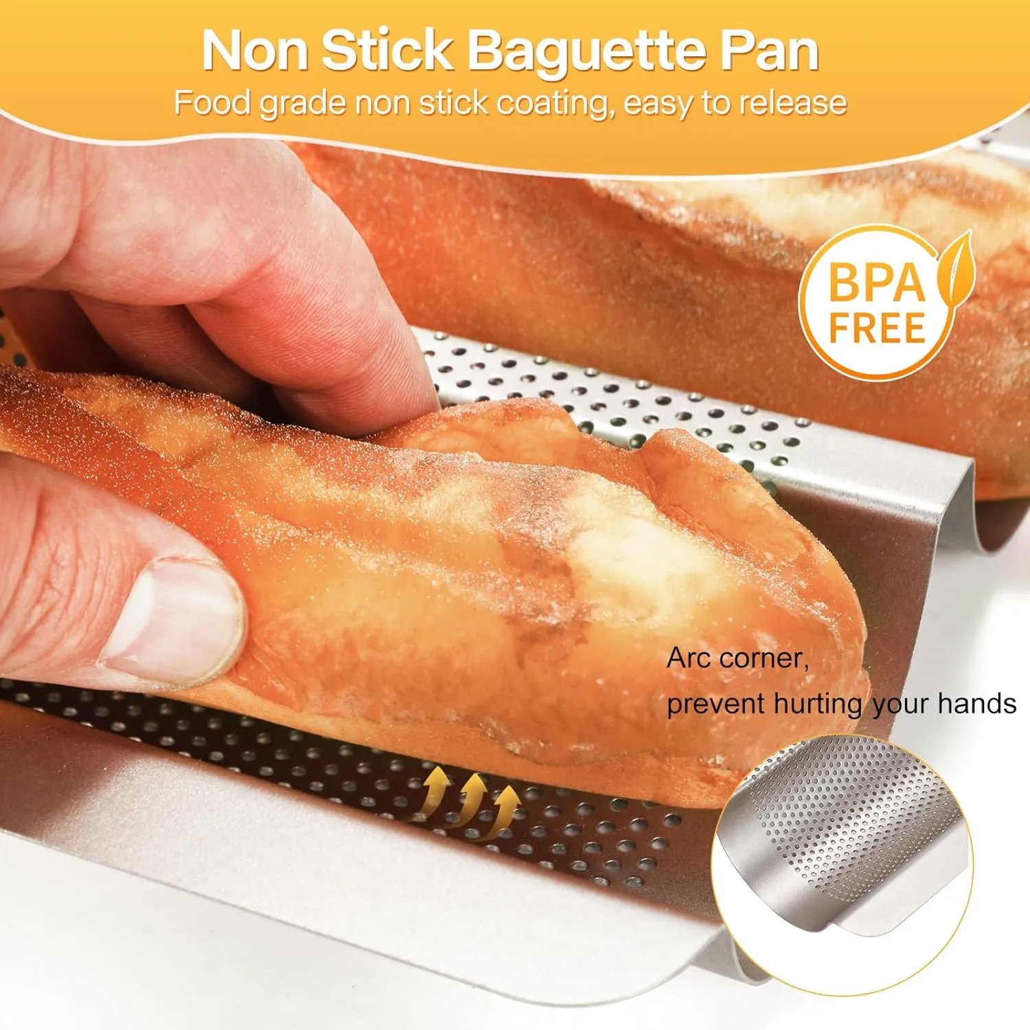 Baguette Bread Pan, Perforated Baguette Pan, Nonstick 3 Loaves, Bread Pan for French Bread Baking, with Proofing Cloth, Dough Cutter Kit for Home Baker, Baguette Tray, 15x11 Inch Gold