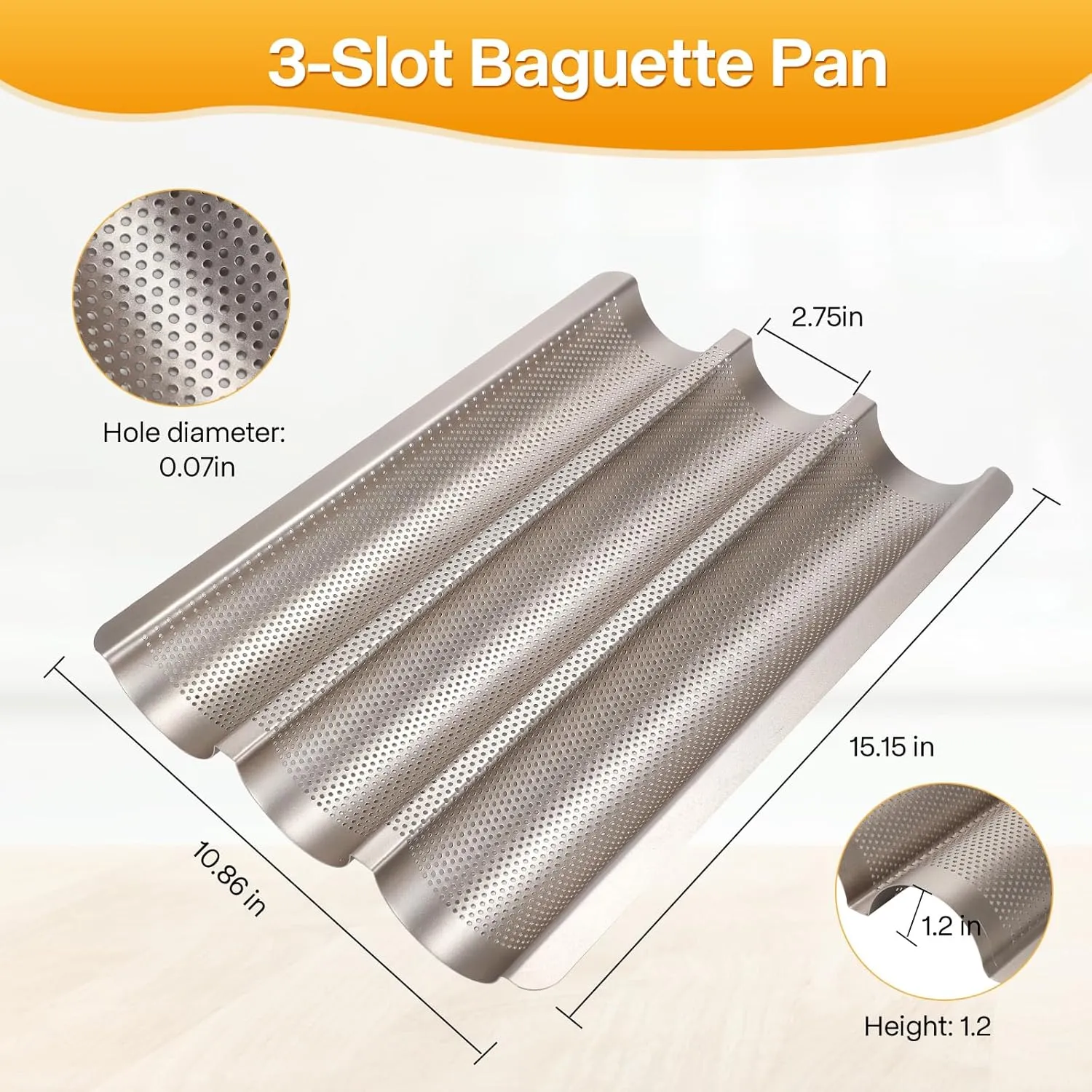 Baguette Bread Pan, Perforated Baguette Pan, Nonstick 3 Loaves, Bread Pan for French Bread Baking, with Proofing Cloth, Dough Cutter Kit for Home Baker, Baguette Tray, 15x11 Inch Gold