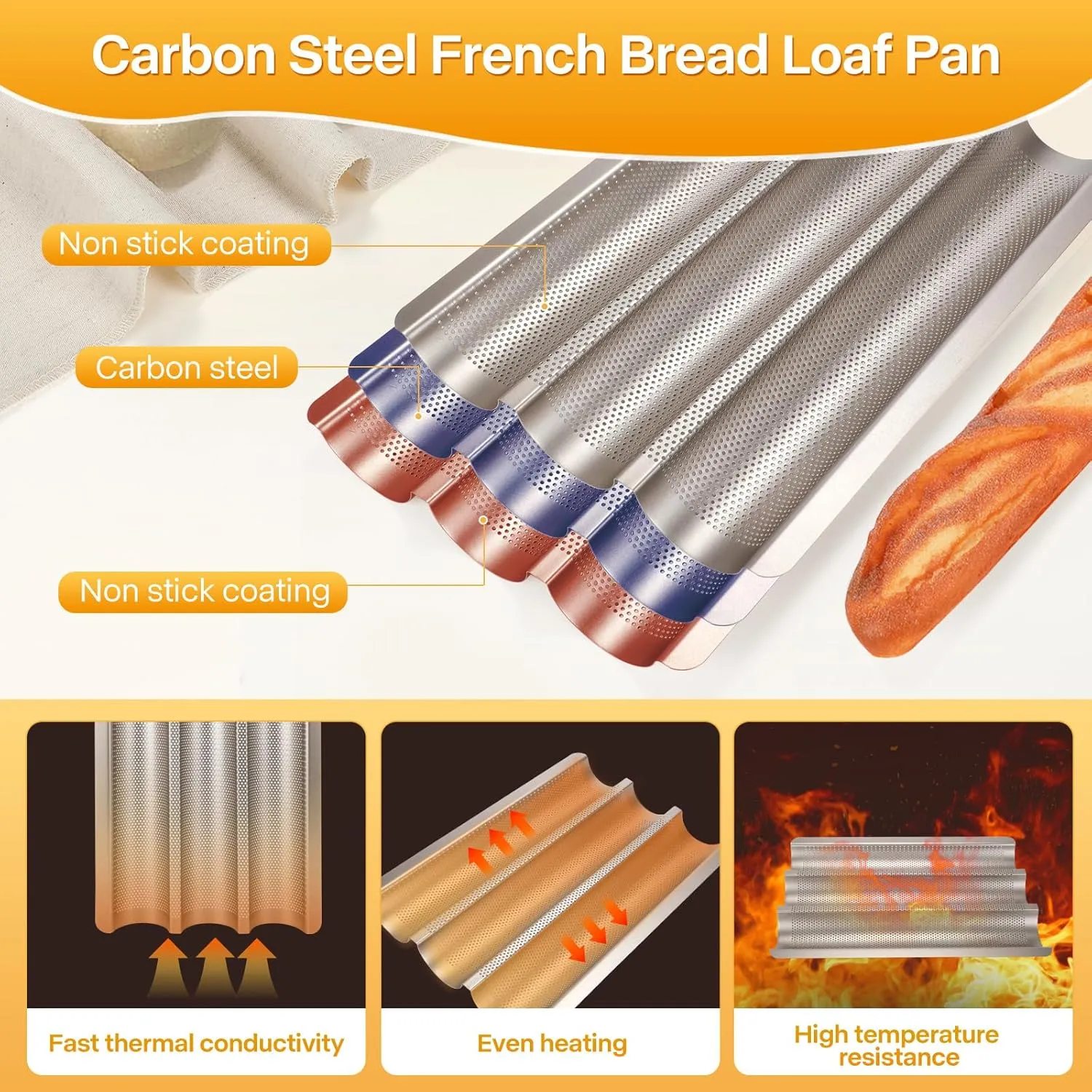 Baguette Bread Pan, Perforated Baguette Pan, Nonstick 3 Loaves, Bread Pan for French Bread Baking, with Proofing Cloth, Dough Cutter Kit for Home Baker, Baguette Tray, 15x11 Inch Gold