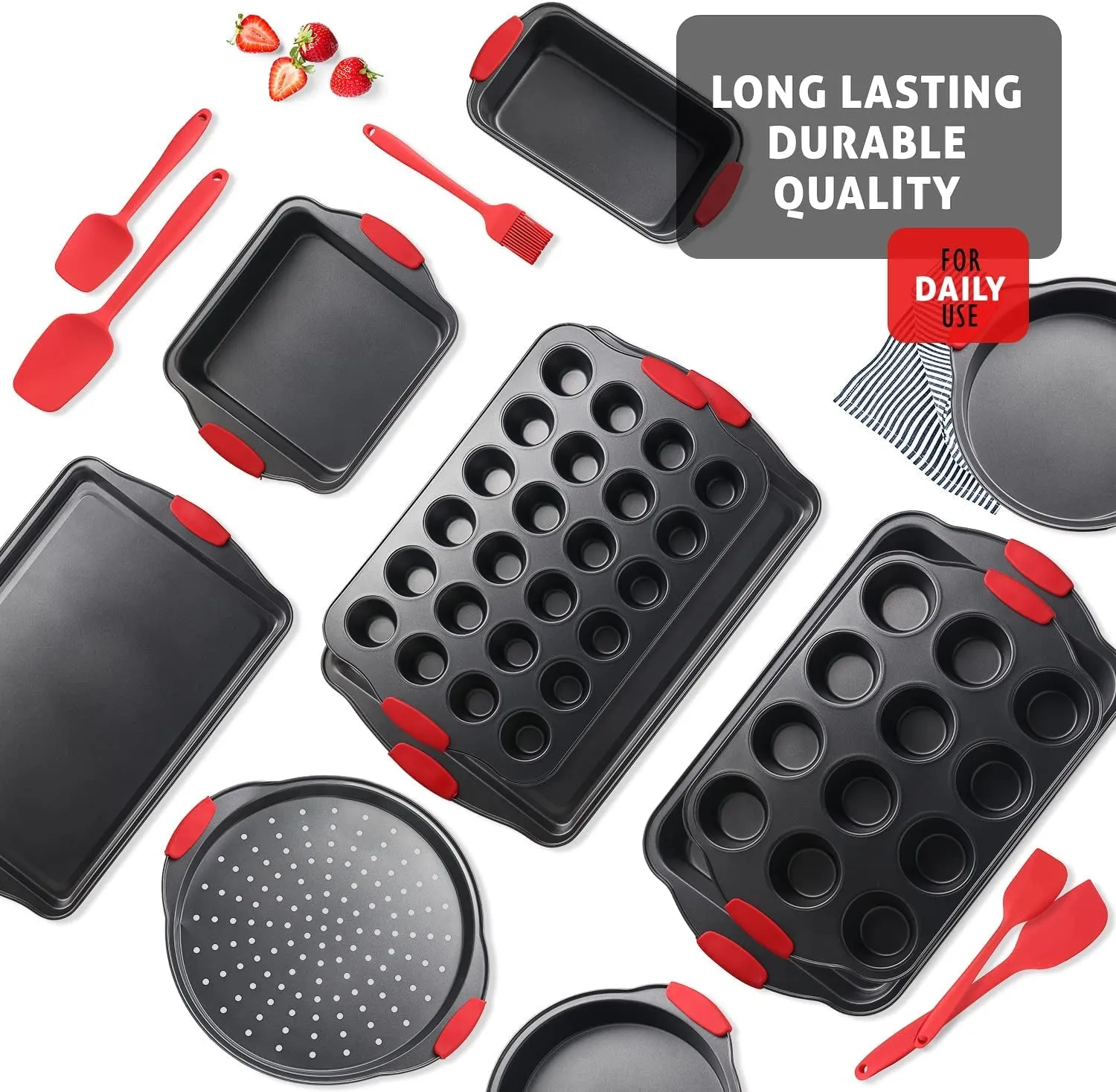 Baking Pan Set, 15 Piece Premium Nonstick Bakeware Sets BPA Free, Cookie Sheets Nonstick Steel Baking Sheets for Oven with Muffin Pan, Cake Pan & Kitchen Utensils - Black