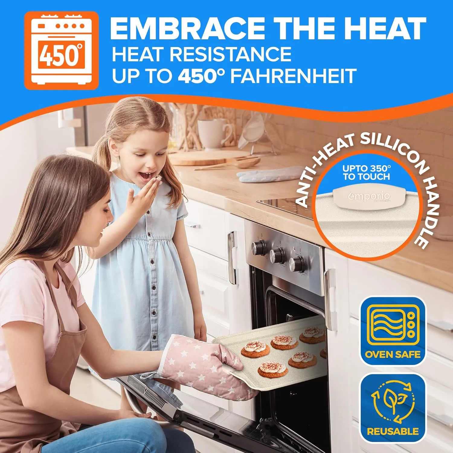 Baking Pan Set - Nonstick Coating, Carbon Steel Bakeware Set with White Silicone Handle, PFOA, PFOS, PTFE Free, Recipe Booklet Included, Oven Safe Tray (Up To 450° F) Set of 25 - White