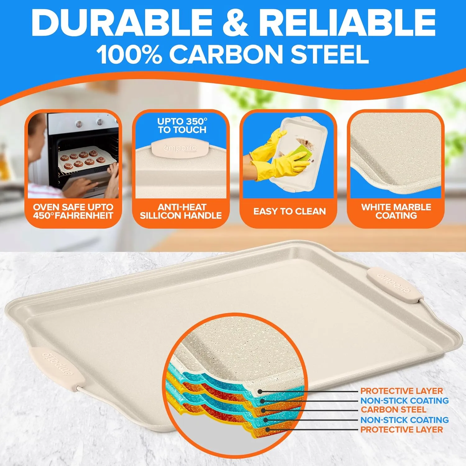 Baking Pan Set - Nonstick Coating, Carbon Steel Bakeware Set with White Silicone Handle, PFOA, PFOS, PTFE Free, Recipe Booklet Included, Oven Safe Tray (Up To 450° F) Set of 25 - White