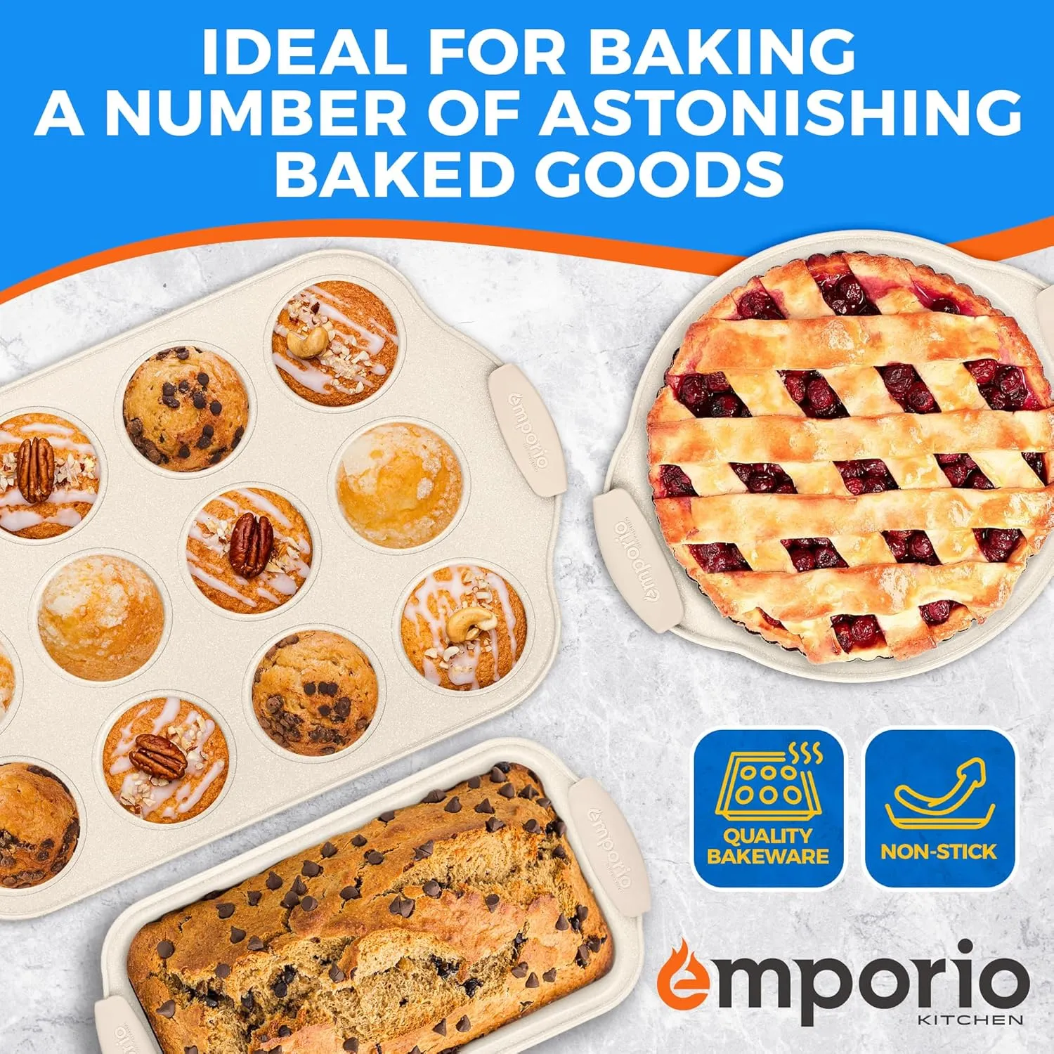 Baking Pan Set - Nonstick Coating, Carbon Steel Bakeware Set with White Silicone Handle, PFOA, PFOS, PTFE Free, Recipe Booklet Included, Oven Safe Tray (Up To 450° F) Set of 25 - White