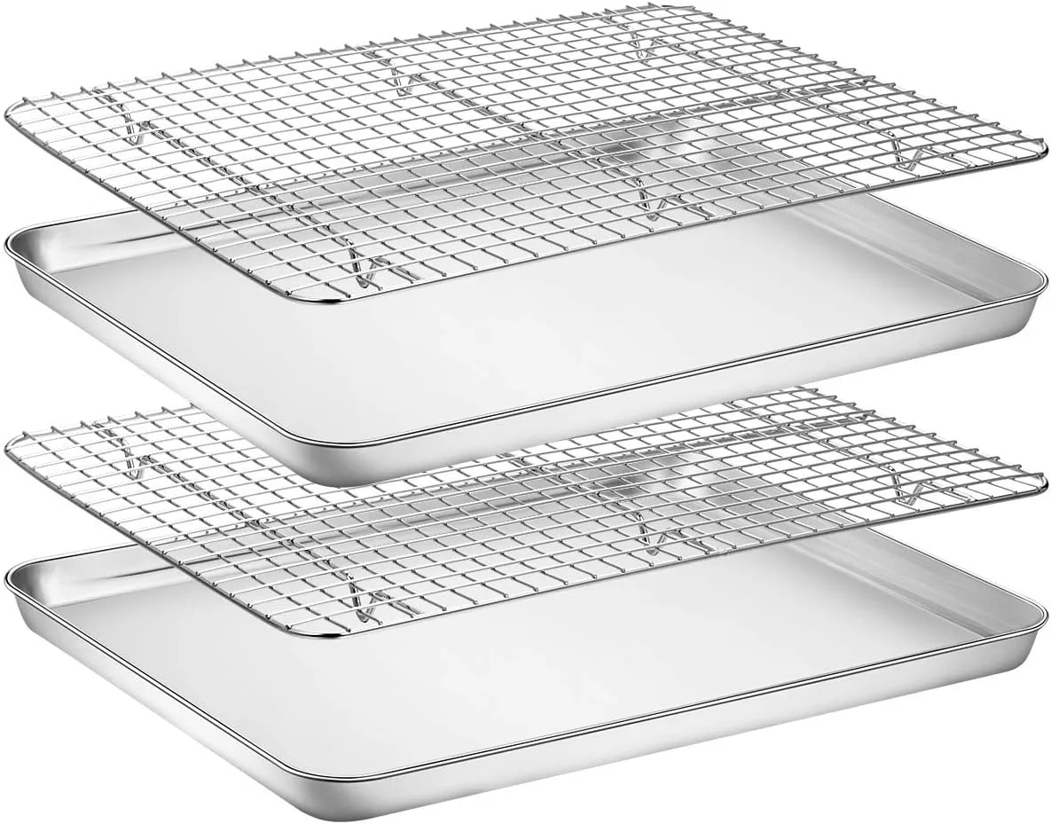Baking Sheet with Rack Set [2 Pans   2 Racks], Wildone Stainless Steel Cookie Sheet Baking Pan Tray with Cooling Rack, Size 16 x 12 x 1 Inch, Non Toxic & Heavy Duty & Easy Clean