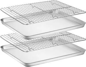 Baking Sheet with Rack Set [2 Pans   2 Racks], Wildone Stainless Steel Cookie Sheet Baking Pan Tray with Cooling Rack, Size 16 x 12 x 1 Inch, Non Toxic & Heavy Duty & Easy Clean