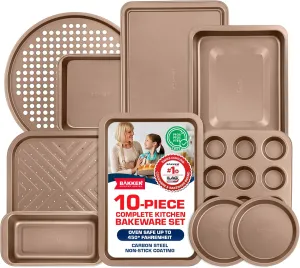 BAKKEN 10-Piece Kitchen Baking Pan Set - Commercial Grade Carbon Steel Bakeware, With Nonstick Coating, Stackable and Space-saving Design, PFOA, PFOS, PTFE Free, Oven Safe Tray (Up To 450°F), Brown