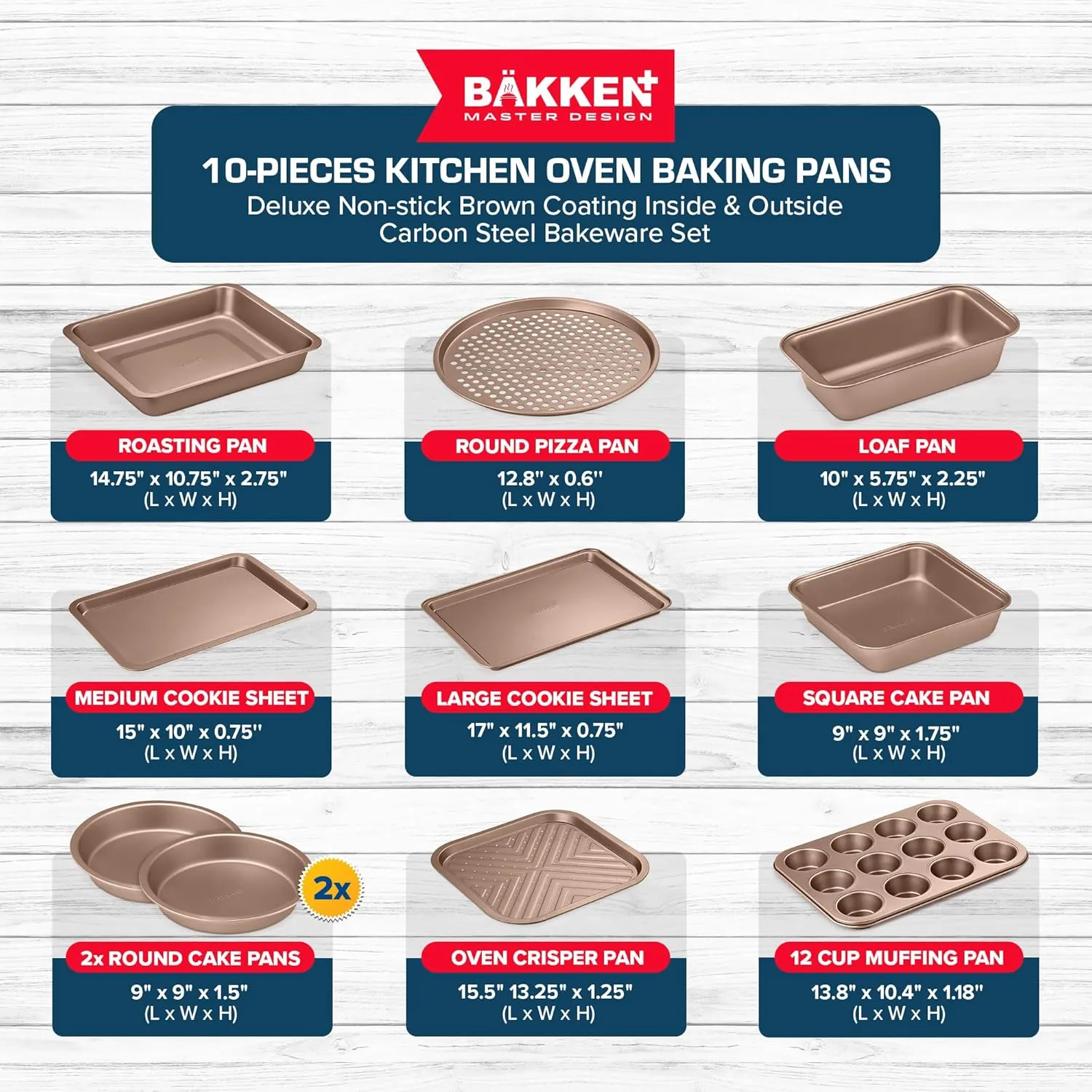 BAKKEN 10-Piece Kitchen Baking Pan Set - Commercial Grade Carbon Steel Bakeware, With Nonstick Coating, Stackable and Space-saving Design, PFOA, PFOS, PTFE Free, Oven Safe Tray (Up To 450°F), Brown