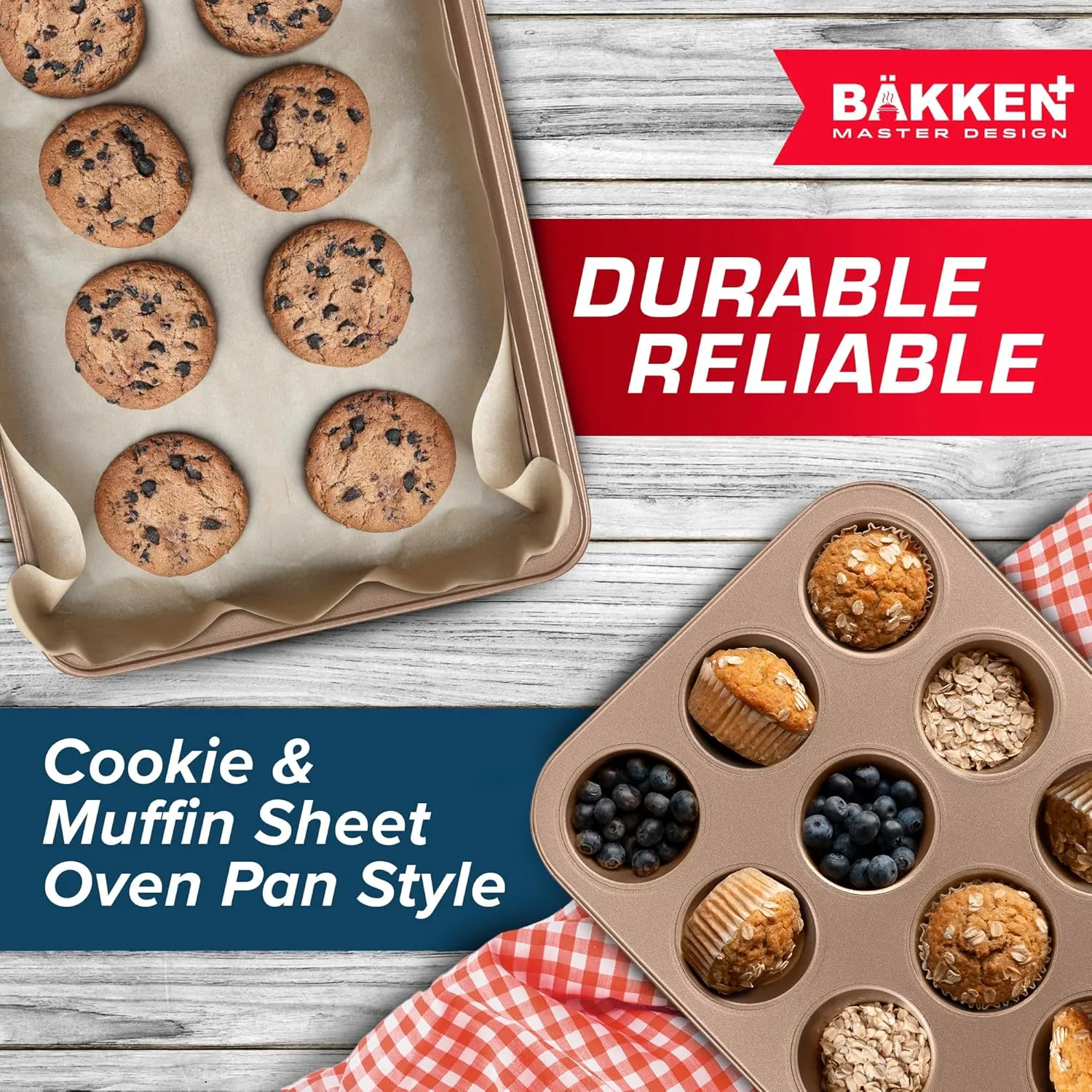 BAKKEN 10-Piece Kitchen Baking Pan Set - Commercial Grade Carbon Steel Bakeware, With Nonstick Coating, Stackable and Space-saving Design, PFOA, PFOS, PTFE Free, Oven Safe Tray (Up To 450°F), Brown