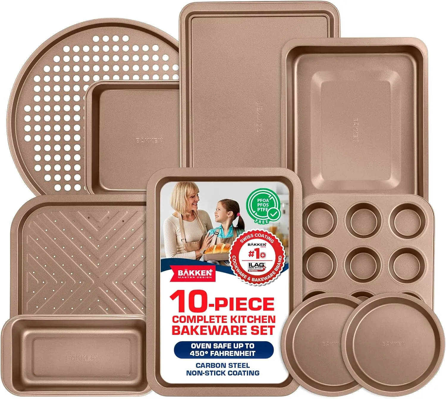 BAKKEN 10-Piece Kitchen Baking Pan Set - Commercial Grade Carbon Steel Bakeware, With Nonstick Coating, Stackable and Space-saving Design, PFOA, PFOS, PTFE Free, Oven Safe Tray (Up To 450°F), Brown