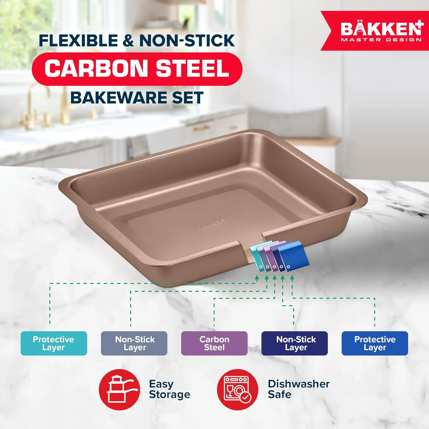 BAKKEN 10-Piece Kitchen Baking Pan Set - Commercial Grade Carbon Steel Bakeware, With Nonstick Coating, Stackable and Space-saving Design, PFOA, PFOS, PTFE Free, Oven Safe Tray (Up To 450°F), Brown