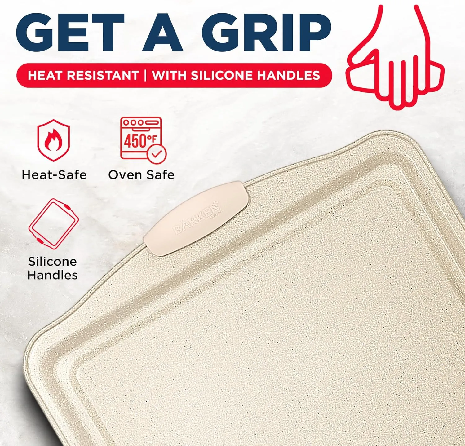 BAKKEN Kitchen Oven Baking Pans - Nonstick Gray Coating, Carbon Steel Bakeware Set with White Silicone Handles, Commercial Restaurant Quality Pans, PFOA, PFOS, PTFE Free, Oven Safe (450° F), Set of 10