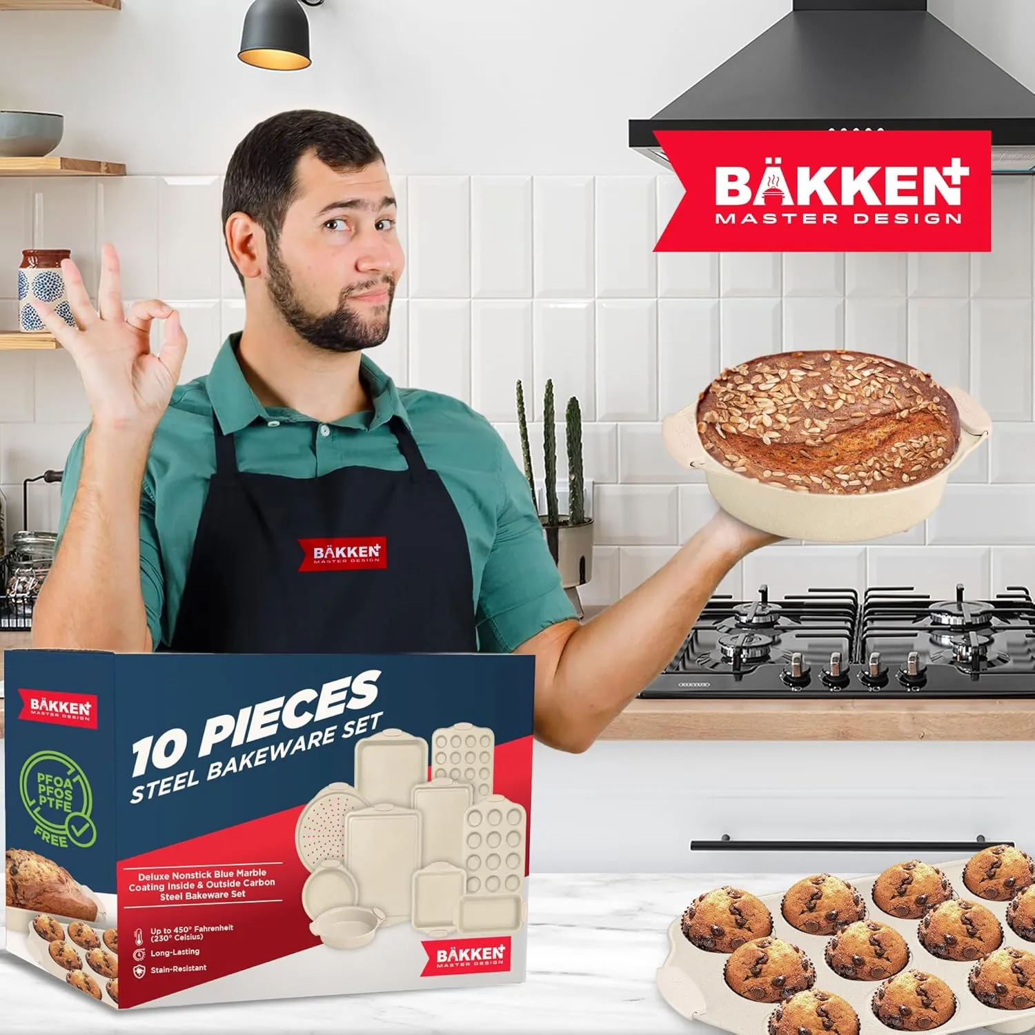 BAKKEN Kitchen Oven Baking Pans - Nonstick Gray Coating, Carbon Steel Bakeware Set with White Silicone Handles, Commercial Restaurant Quality Pans, PFOA, PFOS, PTFE Free, Oven Safe (450° F), Set of 10