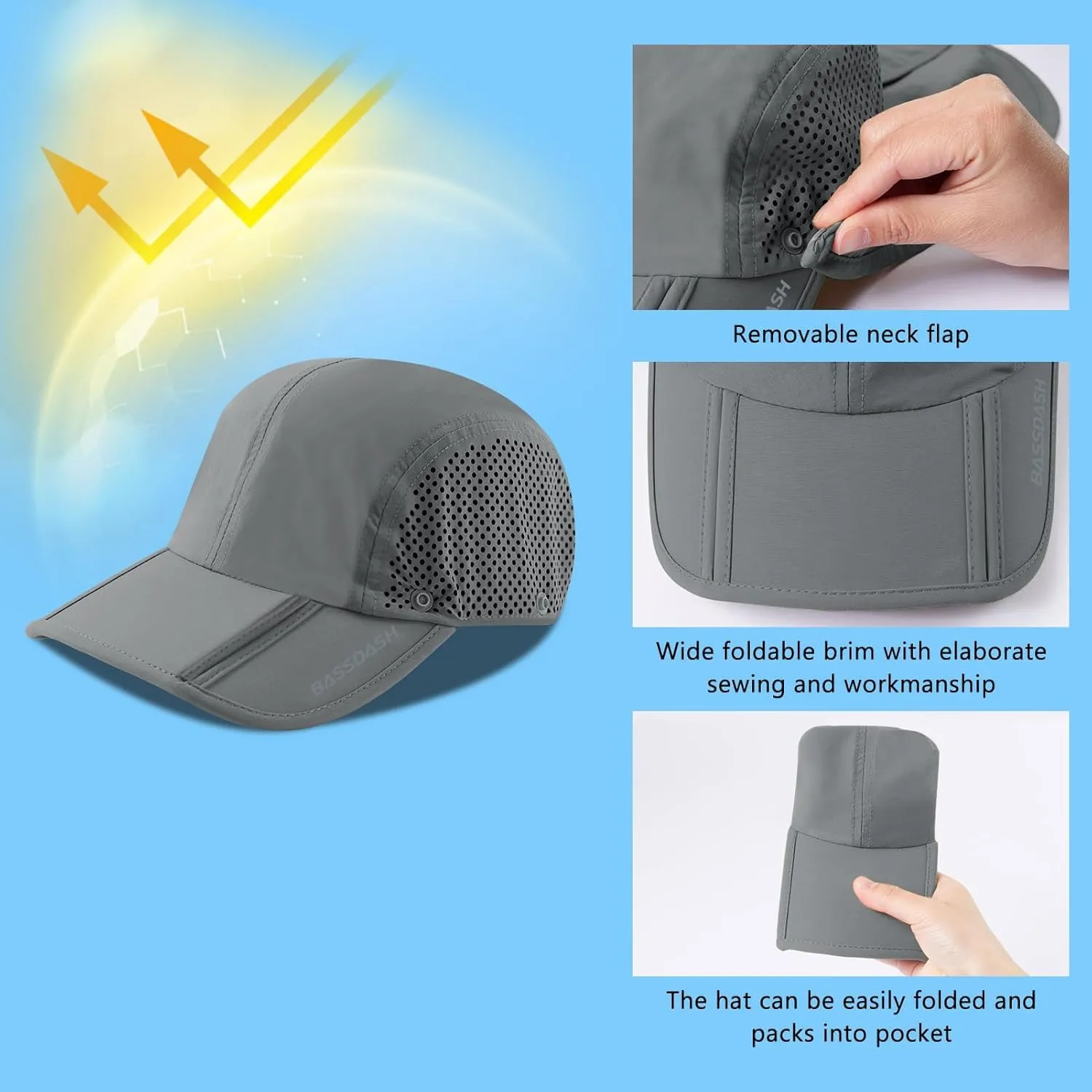 BASSDASH UPF 50  Foldable Fishing Hat Baseball Cap with Removable Neck Flap Portable for Men Women Golf Hiking