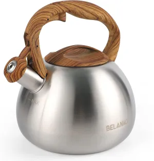 BELANKO 2.7 Quart Tea Kettle for Stovetops - Food Grade Stainless Steel Teapot with Loud Whistle, Cool-Touch Wood Pattern Handle, Rust-Resistant Whistling Kettle - Classic Silver