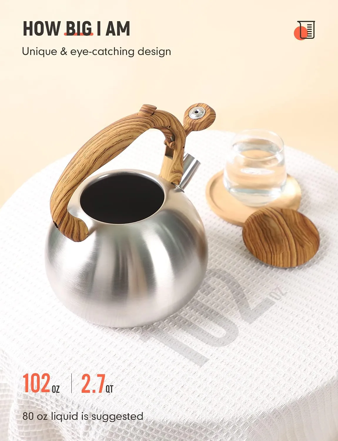 BELANKO 2.7 Quart Tea Kettle for Stovetops - Food Grade Stainless Steel Teapot with Loud Whistle, Cool-Touch Wood Pattern Handle, Rust-Resistant Whistling Kettle - Classic Silver