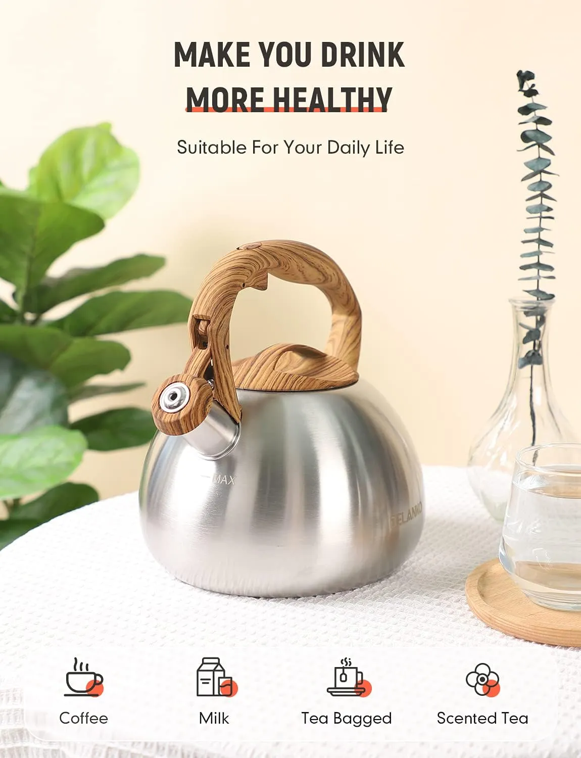 BELANKO 2.7 Quart Tea Kettle for Stovetops - Food Grade Stainless Steel Teapot with Loud Whistle, Cool-Touch Wood Pattern Handle, Rust-Resistant Whistling Kettle - Classic Silver