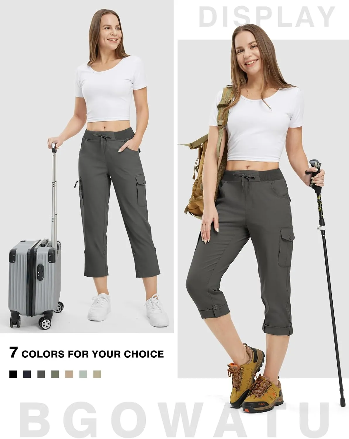 BGOWATU Women's Capris Lightweight Cargo Hiking Pants with 6 Pockets Quick Dry Summer Outdoor Casual Travel Roll Up Pants