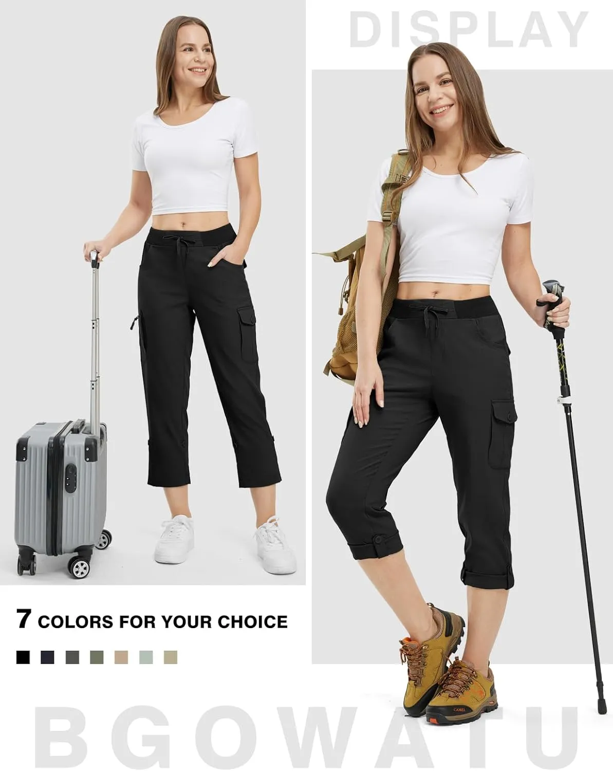 BGOWATU Women's Capris Lightweight Cargo Hiking Pants with 6 Pockets Quick Dry Summer Outdoor Casual Travel Roll Up Pants