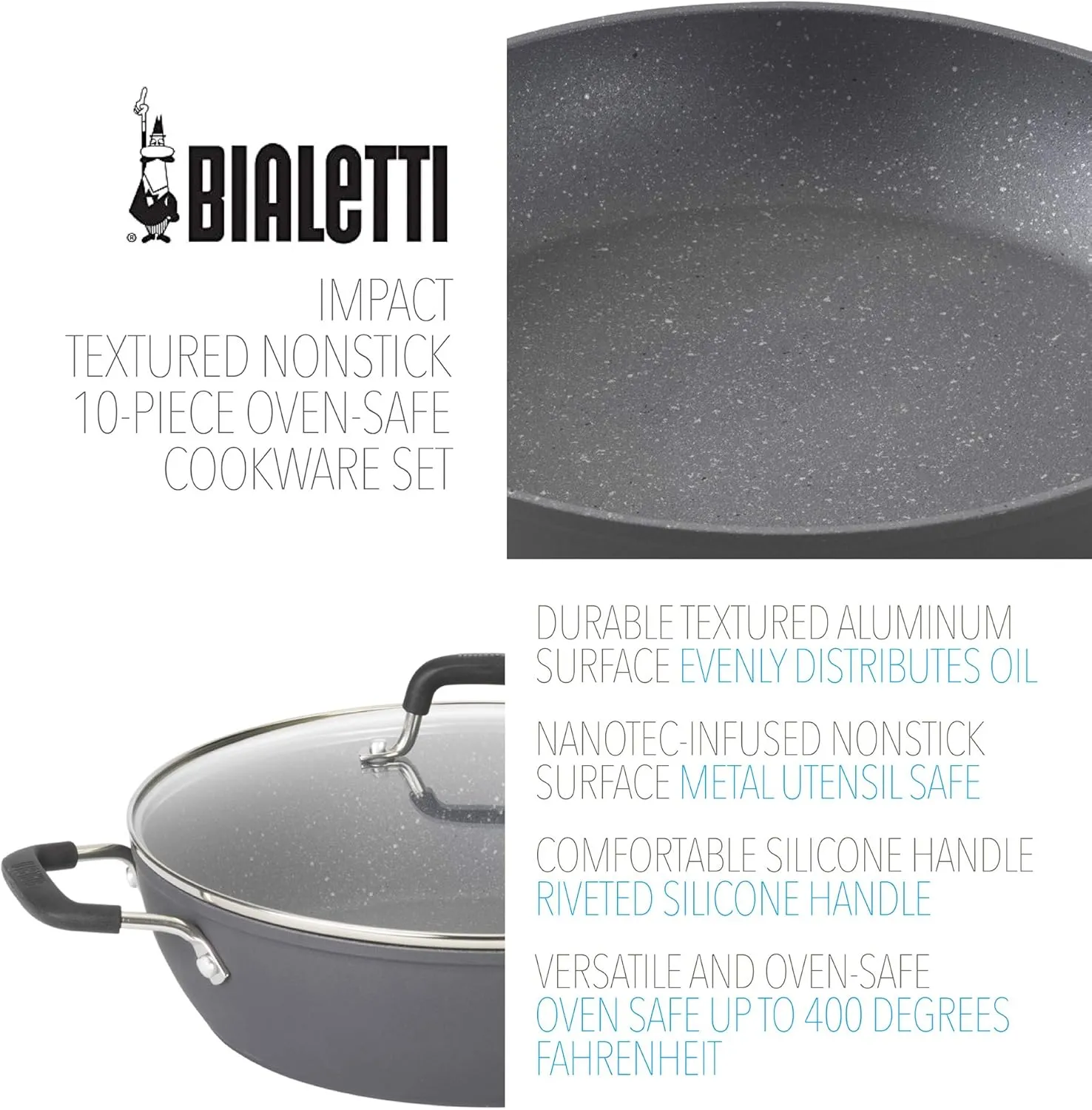Bialetti Impact Textured Nonstick 10 Piece Oven-Safe Cookware Set, Gray - 10-Piece Set, Micro-Divot Textured Aluminum, Nanotec-Infused Nonstick Surface, Comfortable Silicone Handles, Oven-Safe