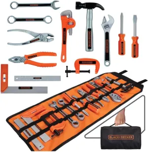 BLACK DECKER Kids Tool Bag Set 13-Piece Junior Roll Up Bag Pretend Play Tools, Hammer, Phillips Screwdriver, Pliers, Adjustable Wrench & More! for Boys & Girls Ages 3 