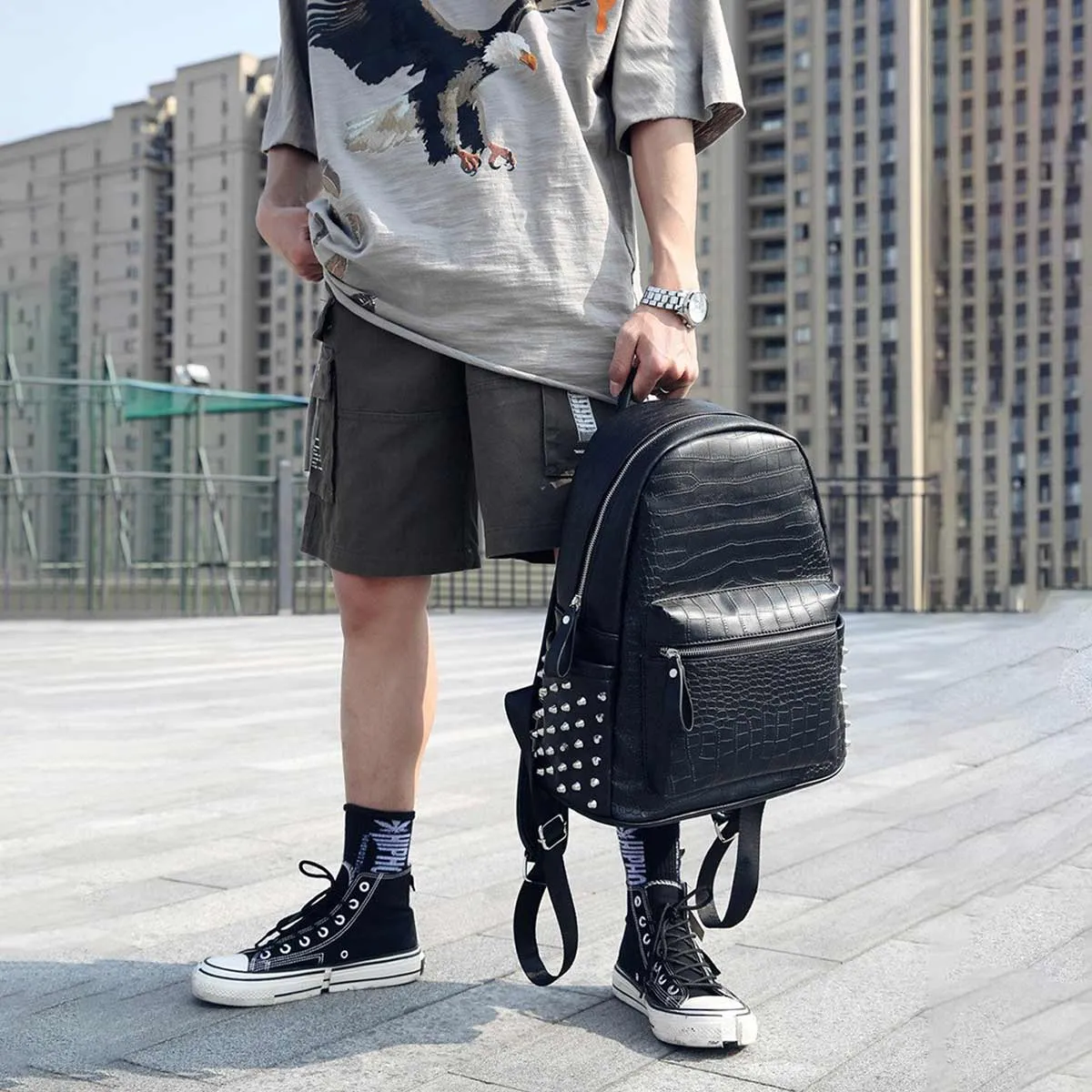 Black PU Leather Backpack with Spikes