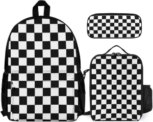Black White Checkered Lightweight Pocket Backpack Crossbody Lunch Bag Set Unisex