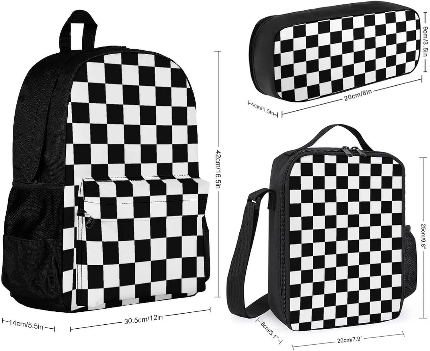 Black White Checkered Lightweight Pocket Backpack Crossbody Lunch Bag Set Unisex