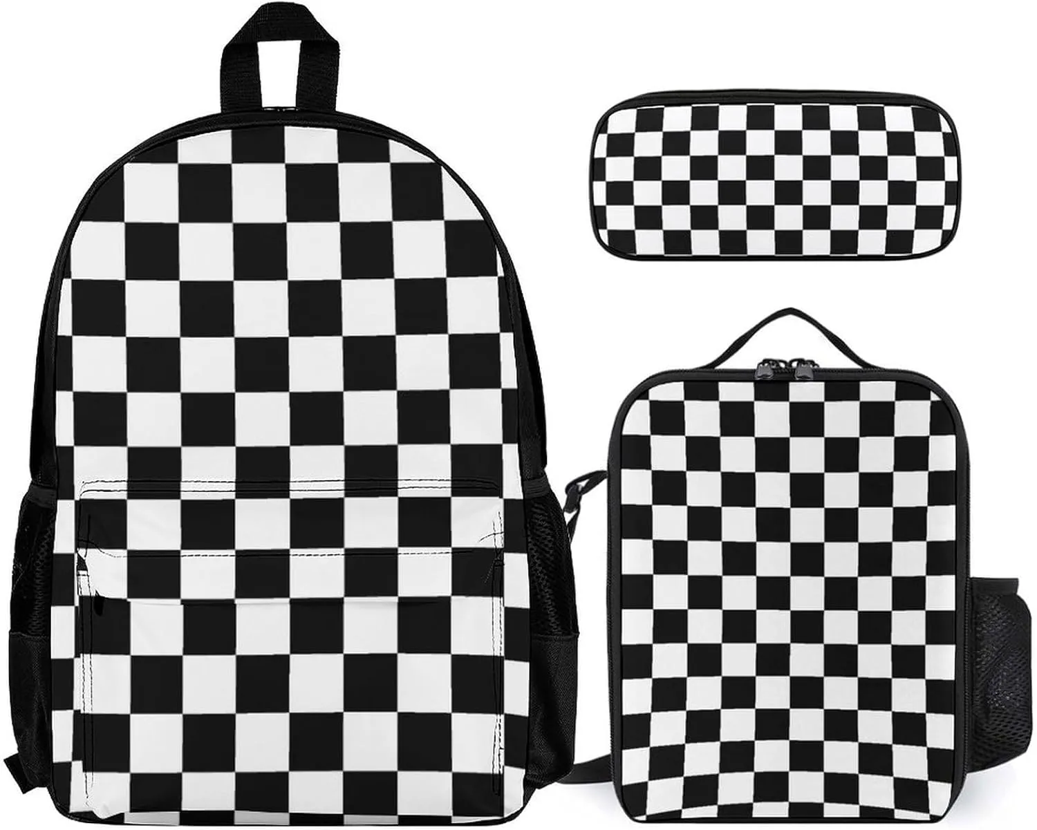 Black White Checkered Lightweight Pocket Backpack Crossbody Lunch Bag Set Unisex