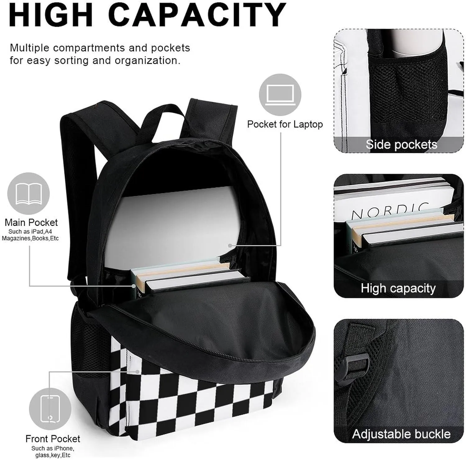 Black White Checkered Lightweight Pocket Backpack Crossbody Lunch Bag Set Unisex