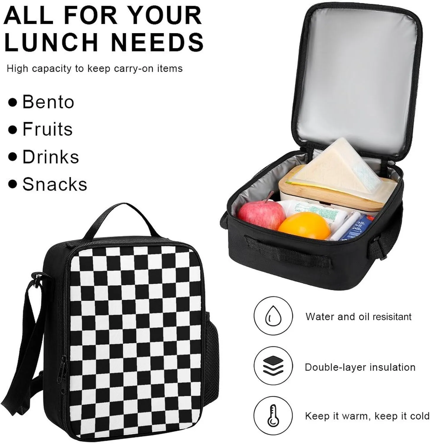Black White Checkered Lightweight Pocket Backpack Crossbody Lunch Bag Set Unisex