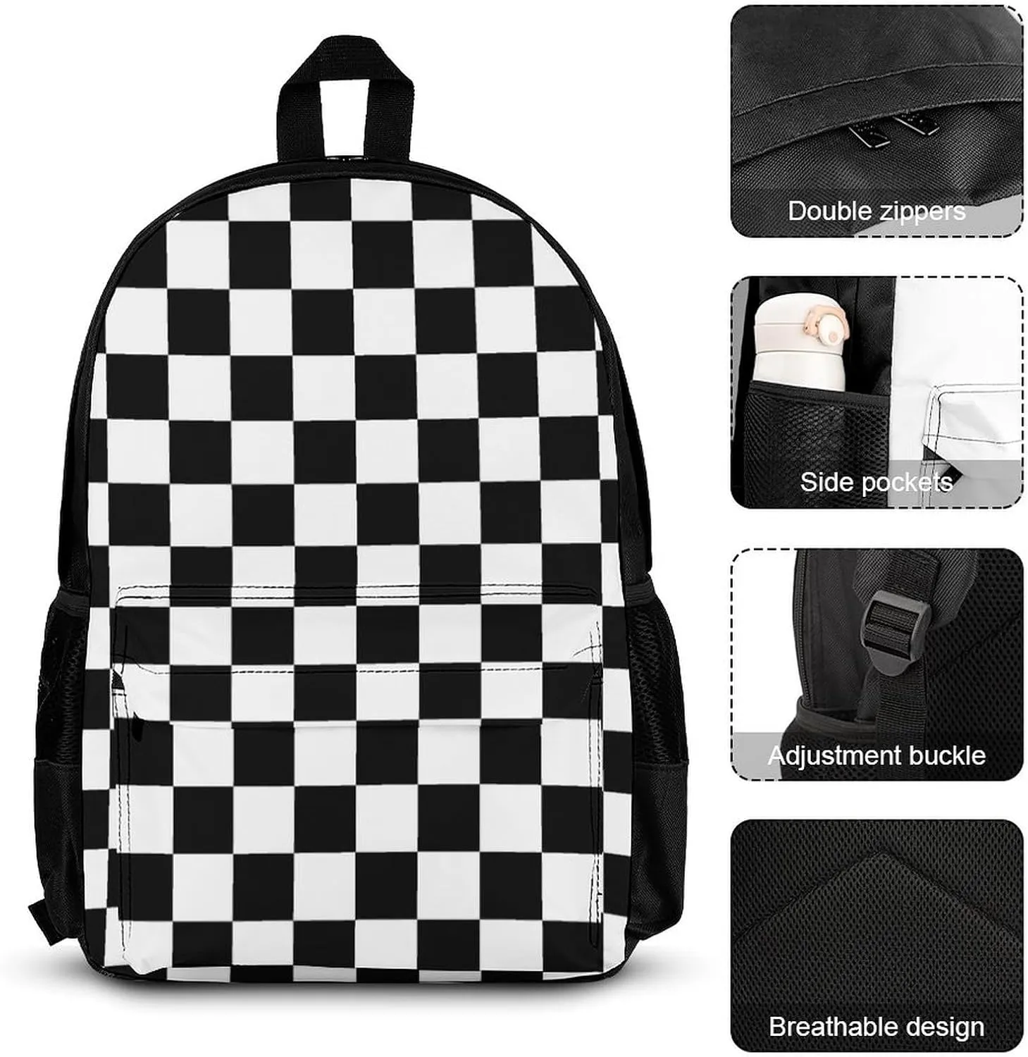 Black White Checkered Lightweight Pocket Backpack Crossbody Lunch Bag Set Unisex