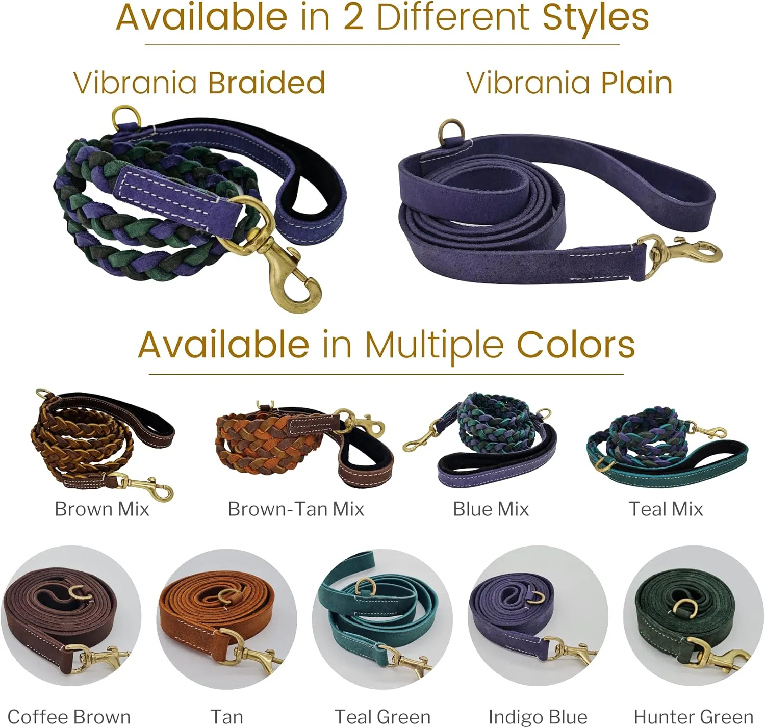 Blazing Paws Vibrania 6 Ft Heavy Duty 1 inch Wide Super Soft Thick Distressed Leather Dog Leash with Side Ring, Full Braided, for Active and Large Dogs (6 Ft L x 1" W, Blue Mix)