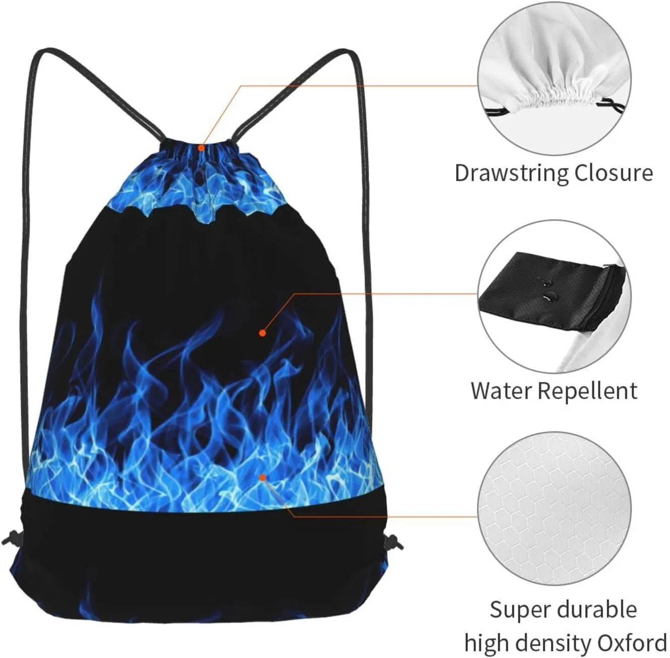 Blue Flame Drawstring Cinch Backpack Polyester Sack Pack String Bag For Hiking Camping Adventure