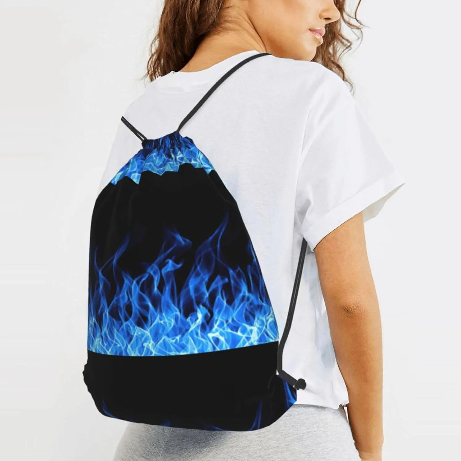 Blue Flame Drawstring Cinch Backpack Polyester Sack Pack String Bag For Hiking Camping Adventure