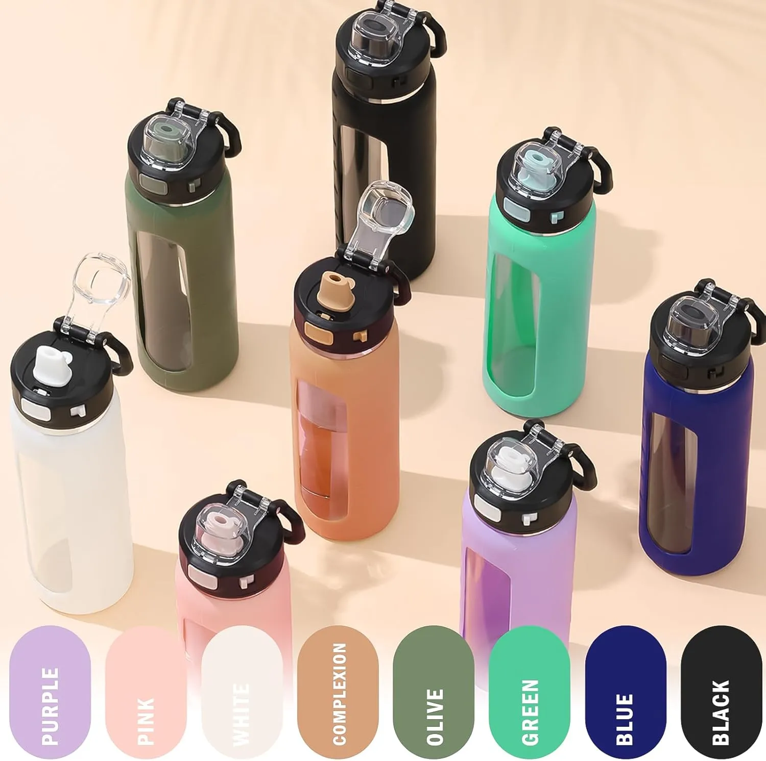 BLUEGO 24oz Glass Water Bottle, Motivational Water Bottle with Time Marker and Straw, Water Bottles with Locking Lid and soft Carry Loop, Borosilicate glass water bottle Jug for Gym, Purple